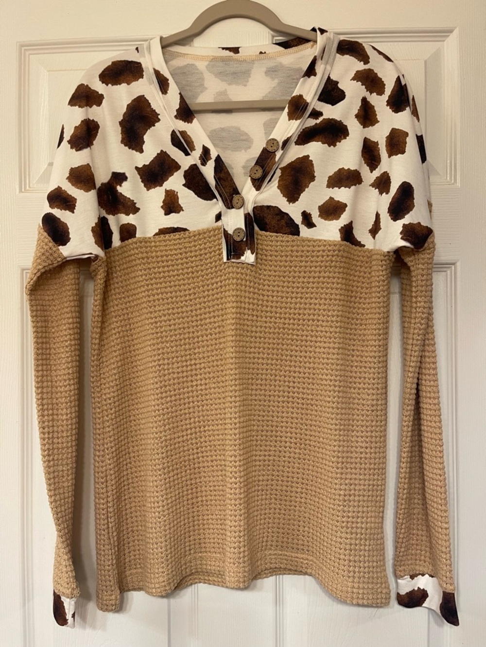 Waffle Knit Leopard Colorblock Henley Top